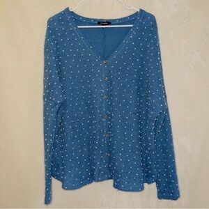 Racheal Blue Swiss Dot textured Long Sleeve Button Front Oversized Cardigan